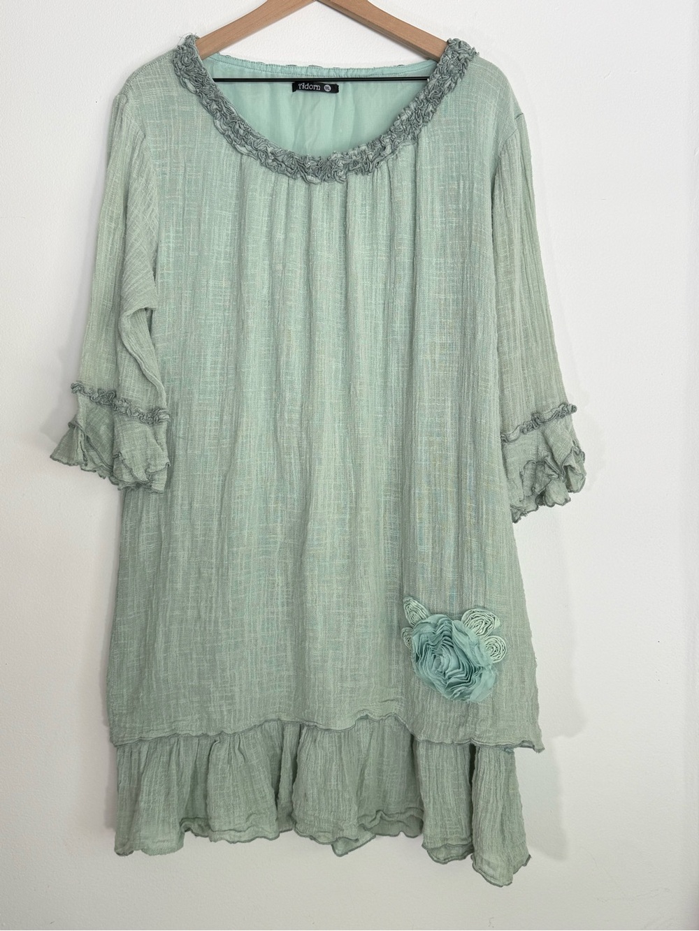 Adorn Mint Green Crinkled Gauze Tunic Dress Flower Applique Lagenlook Size XL